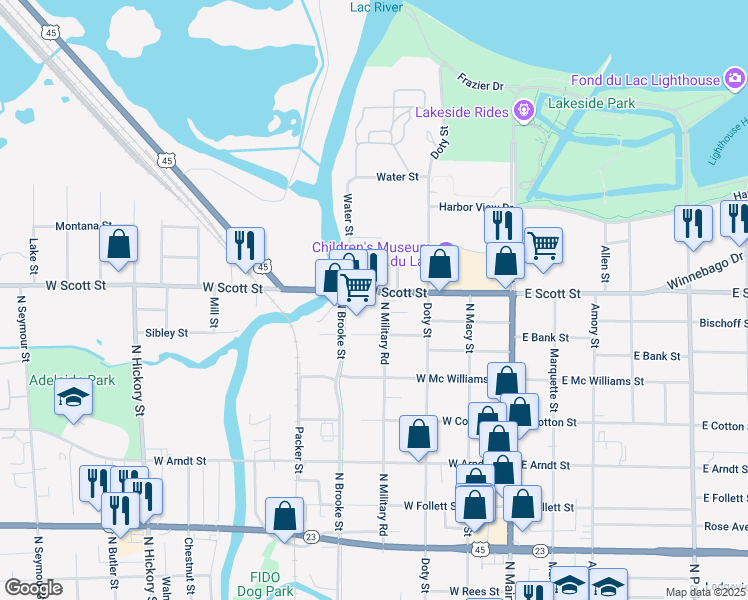 map of restaurants, bars, coffee shops, grocery stores, and more near 177 Sibley Street in Fond du Lac