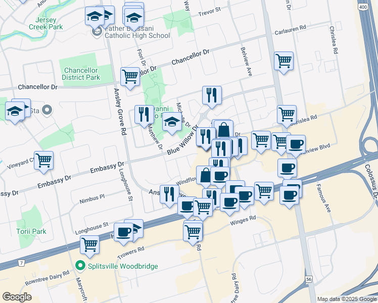 map of restaurants, bars, coffee shops, grocery stores, and more near 56 Lento Court in Vaughan