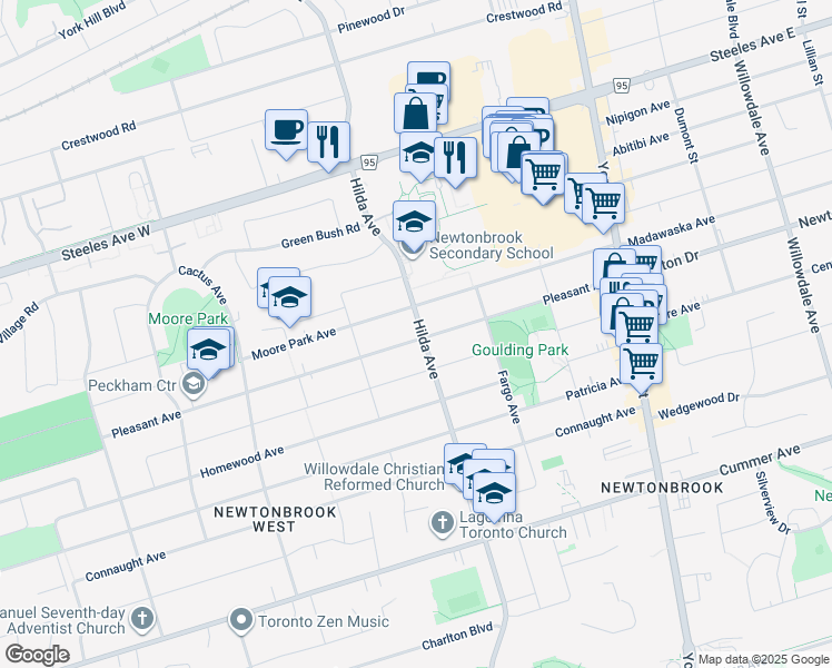 map of restaurants, bars, coffee shops, grocery stores, and more near 158 Pleasant Avenue in Toronto