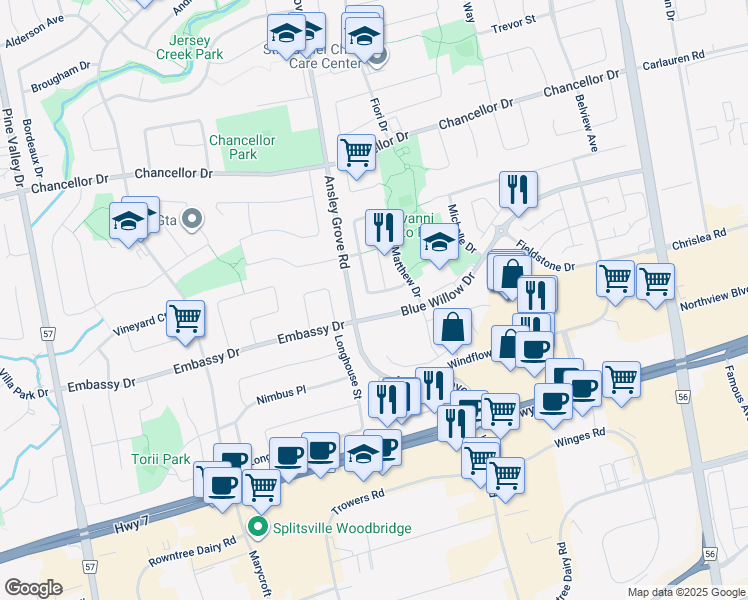 map of restaurants, bars, coffee shops, grocery stores, and more near 239 Matthew Drive in Vaughan