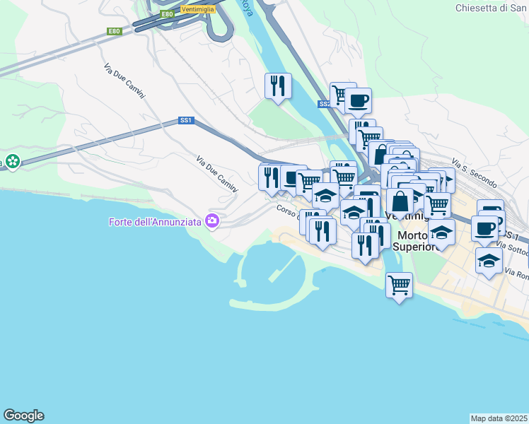 map of restaurants, bars, coffee shops, grocery stores, and more near Passeggio Funtanin in Ventimiglia