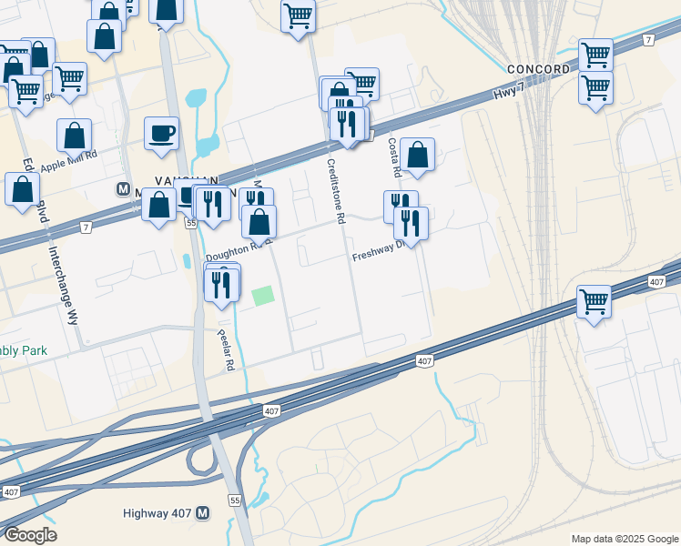 map of restaurants, bars, coffee shops, grocery stores, and more near 130 Creditstone Road in Vaughan