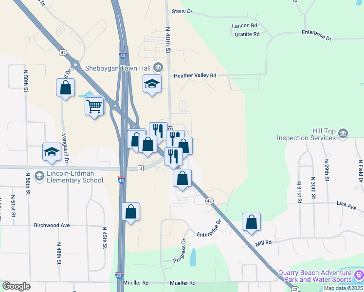 map of restaurants, bars, coffee shops, grocery stores, and more near 4217 North 40th Street in Sheboygan
