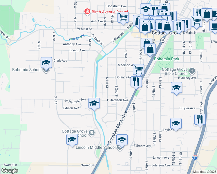 map of restaurants, bars, coffee shops, grocery stores, and more near 710 South 1st Street in Cottage Grove