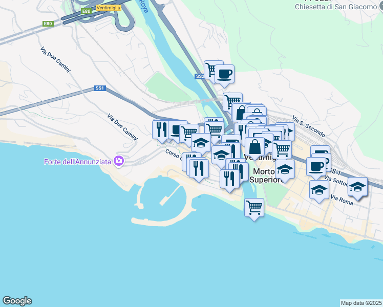 map of restaurants, bars, coffee shops, grocery stores, and more near 2 Via Porta Nuova in Ventimiglia