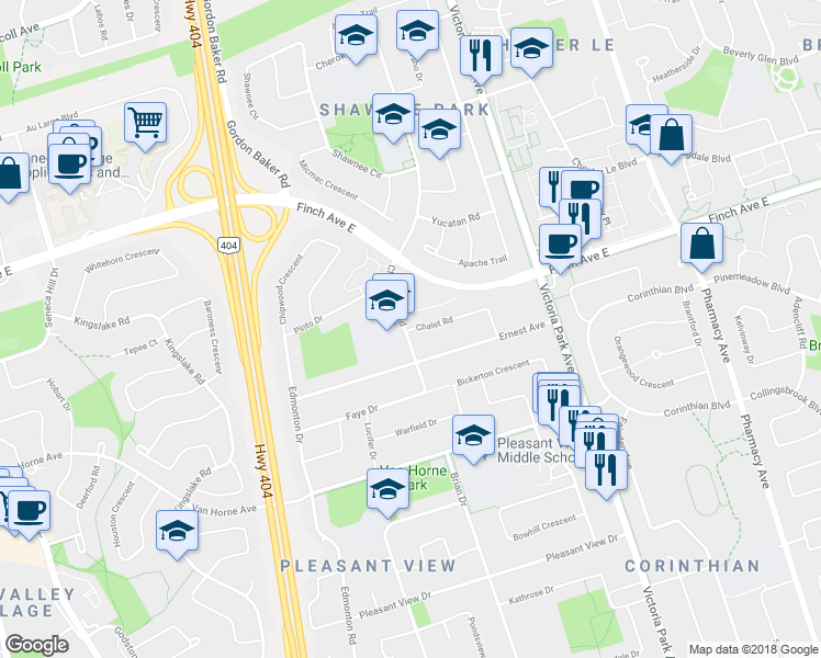 map of restaurants, bars, coffee shops, grocery stores, and more near 2 Chalet Road in Toronto
