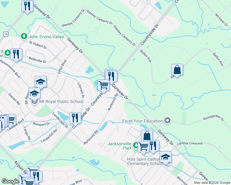 map of restaurants, bars, coffee shops, grocery stores, and more near 4 Burlwood Road in Brampton