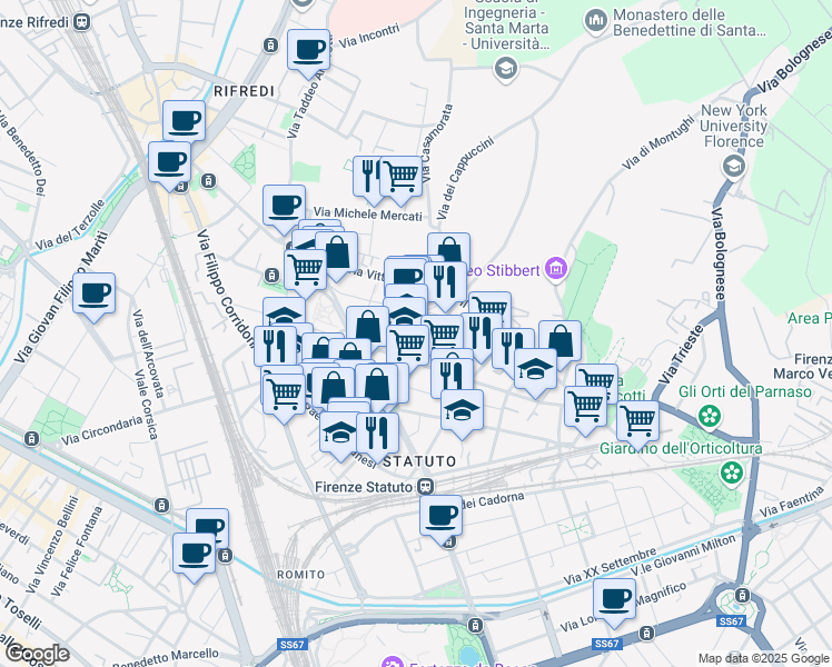 map of restaurants, bars, coffee shops, grocery stores, and more near 10 Via Atto Vannucci in Firenze