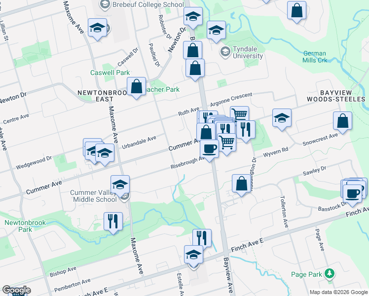 map of restaurants, bars, coffee shops, grocery stores, and more near 471 Cummer Avenue in Toronto