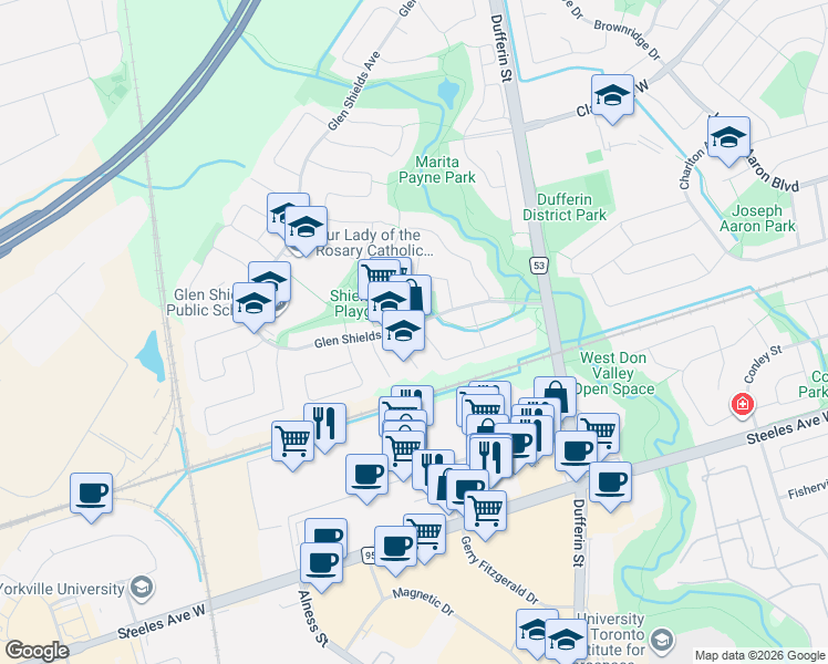 map of restaurants, bars, coffee shops, grocery stores, and more near 1 Riviera Drive in Vaughan