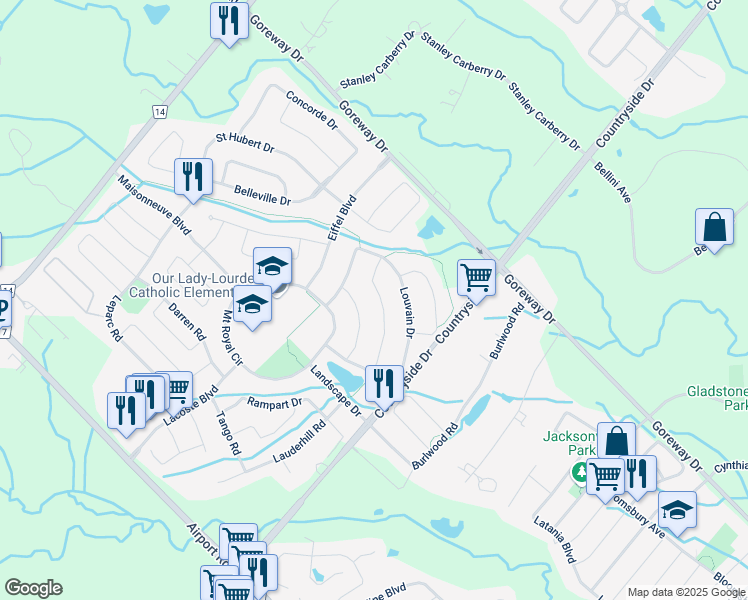map of restaurants, bars, coffee shops, grocery stores, and more near 18 Fontainebleu Road in Brampton