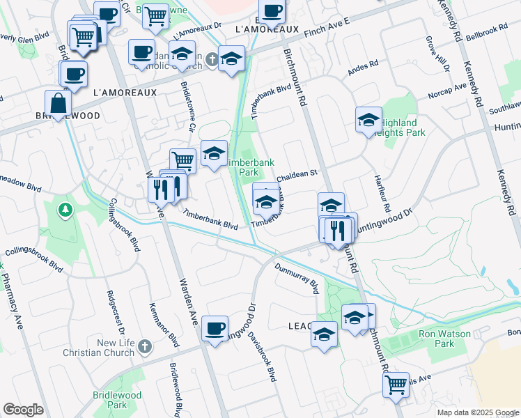 map of restaurants, bars, coffee shops, grocery stores, and more near 170 Timberbank Boulevard in Toronto