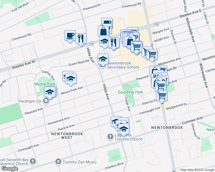 map of restaurants, bars, coffee shops, grocery stores, and more near 146 Pleasant Avenue in Toronto