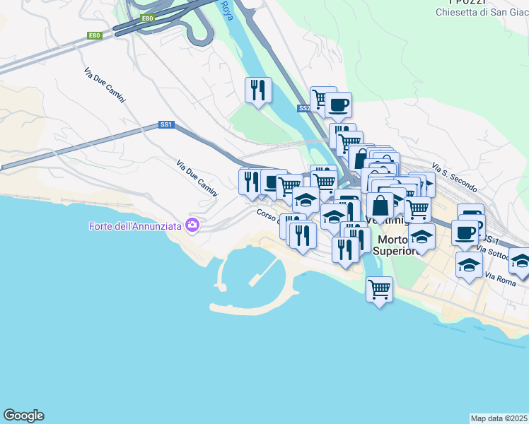 map of restaurants, bars, coffee shops, grocery stores, and more near Passeggio Funtanin in Ventimiglia