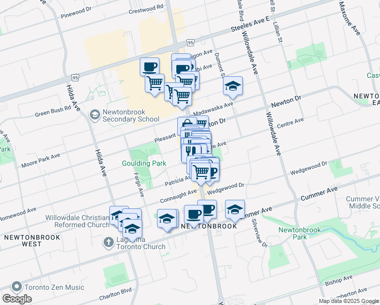 map of restaurants, bars, coffee shops, grocery stores, and more near 6120 Yonge Street in Toronto