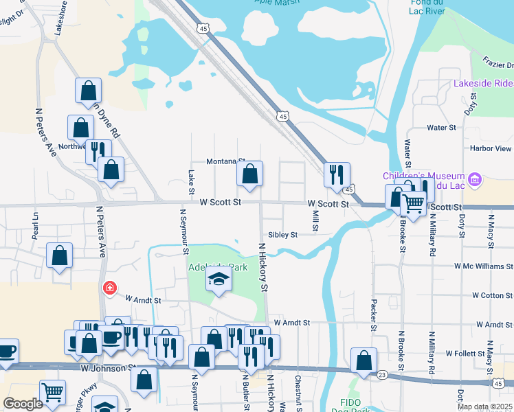 map of restaurants, bars, coffee shops, grocery stores, and more near 424 West Scott Street in Fond du Lac