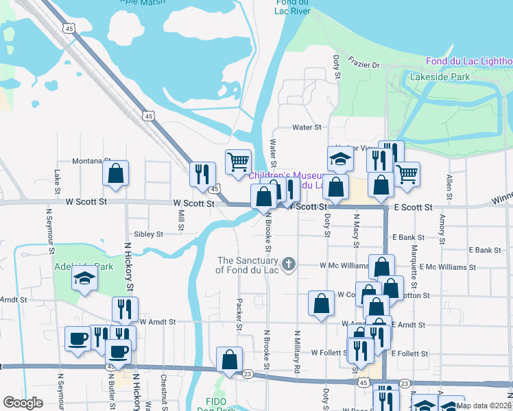 map of restaurants, bars, coffee shops, grocery stores, and more near 422 River Street in Fond du Lac