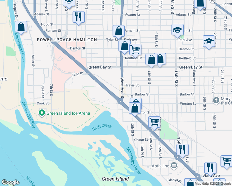 map of restaurants, bars, coffee shops, grocery stores, and more near 2325 South Avenue in La Crosse