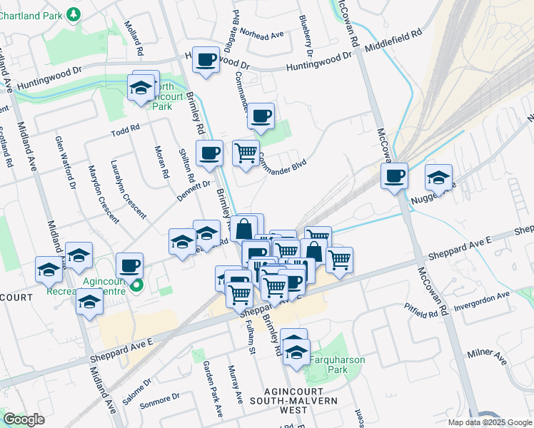 map of restaurants, bars, coffee shops, grocery stores, and more near 2201 Brimley Road in Toronto