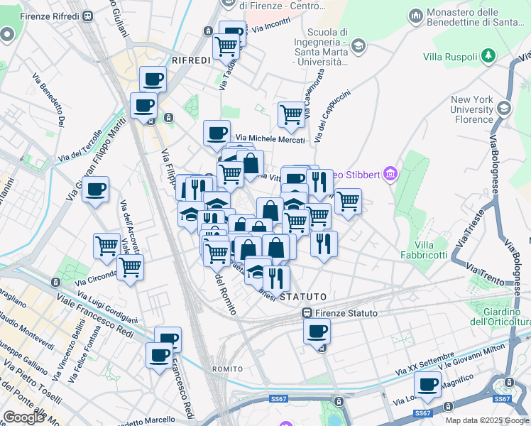 map of restaurants, bars, coffee shops, grocery stores, and more near 3 Piazza Pietro Leopoldo in Firenze