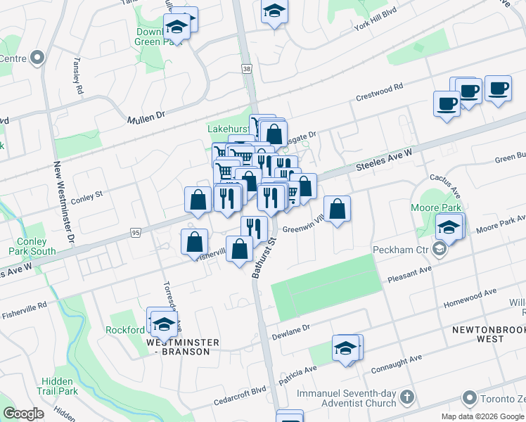map of restaurants, bars, coffee shops, grocery stores, and more near 6250 Bathurst Street in Toronto