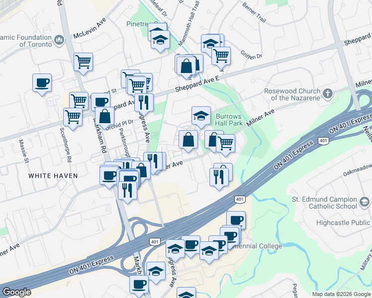map of restaurants, bars, coffee shops, grocery stores, and more near in Toronto
