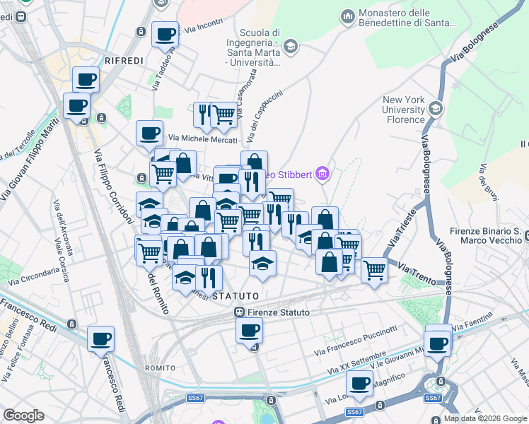 map of restaurants, bars, coffee shops, grocery stores, and more near 18 Via Alfredo Oriani in Firenze