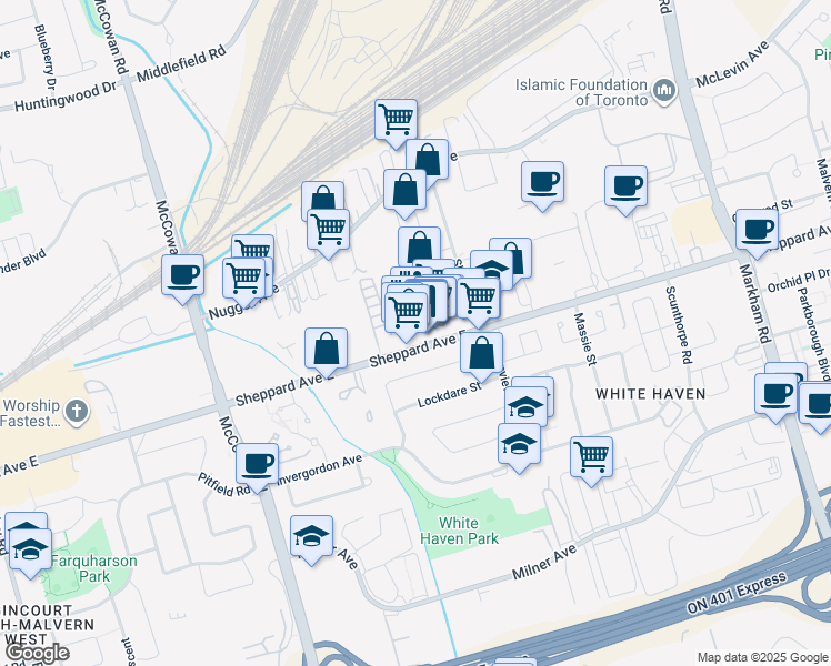 map of restaurants, bars, coffee shops, grocery stores, and more near 66 Glenstroke Drive in Toronto