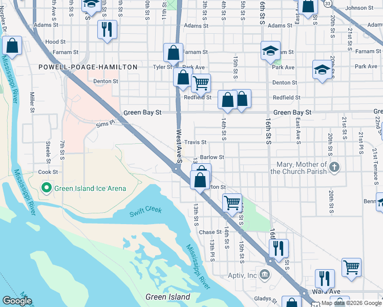 map of restaurants, bars, coffee shops, grocery stores, and more near 1926 13th Street South in La Crosse