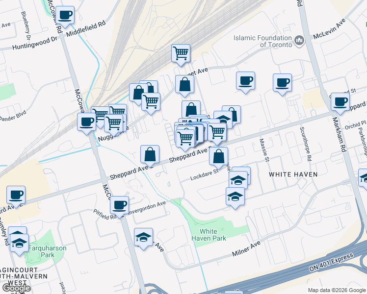 map of restaurants, bars, coffee shops, grocery stores, and more near 4800 Sheppard Avenue East in Toronto