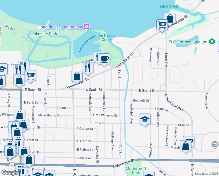 map of restaurants, bars, coffee shops, grocery stores, and more near 464 Northgate Street in Fond du Lac