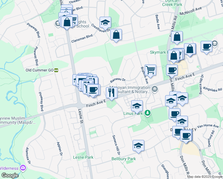 map of restaurants, bars, coffee shops, grocery stores, and more near 11 Liszt Gate in Toronto