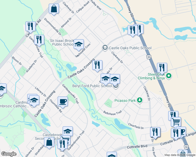 map of restaurants, bars, coffee shops, grocery stores, and more near in Brampton