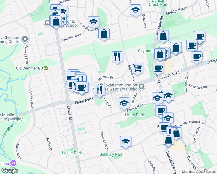 map of restaurants, bars, coffee shops, grocery stores, and more near in Toronto