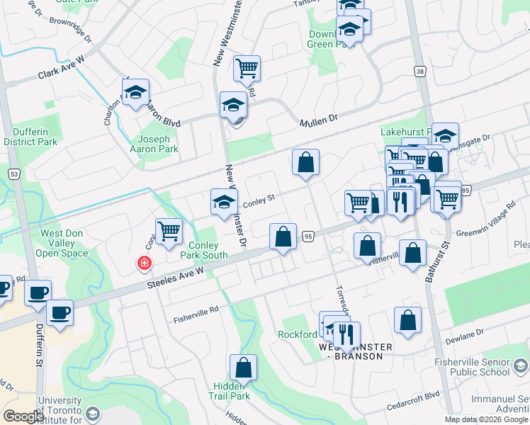 map of restaurants, bars, coffee shops, grocery stores, and more near 175 Mabley Crescent in Toronto