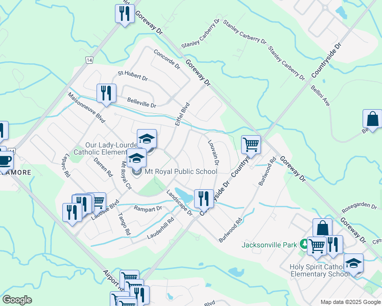 map of restaurants, bars, coffee shops, grocery stores, and more near 5 Hugo Road in Brampton