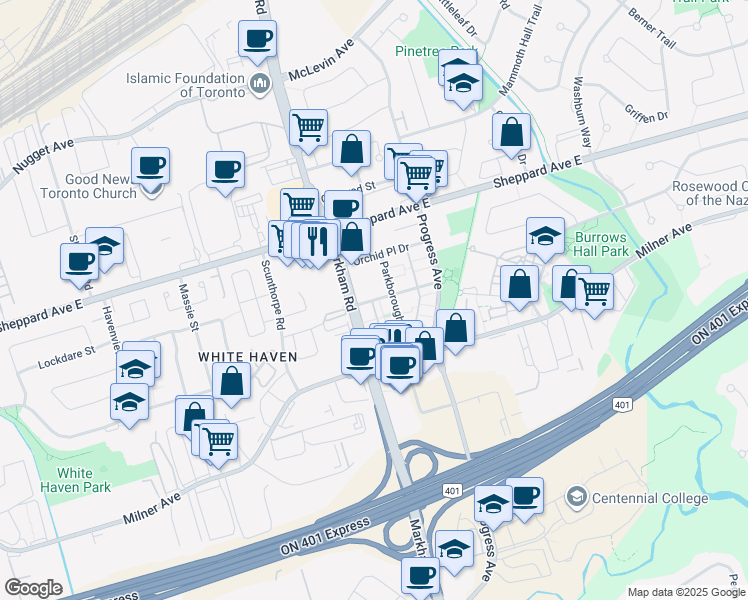 map of restaurants, bars, coffee shops, grocery stores, and more near 7 Rosebank Drive in Toronto