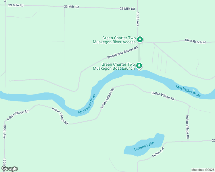 map of restaurants, bars, coffee shops, grocery stores, and more near 18180 Indian Village Road in Big Rapids