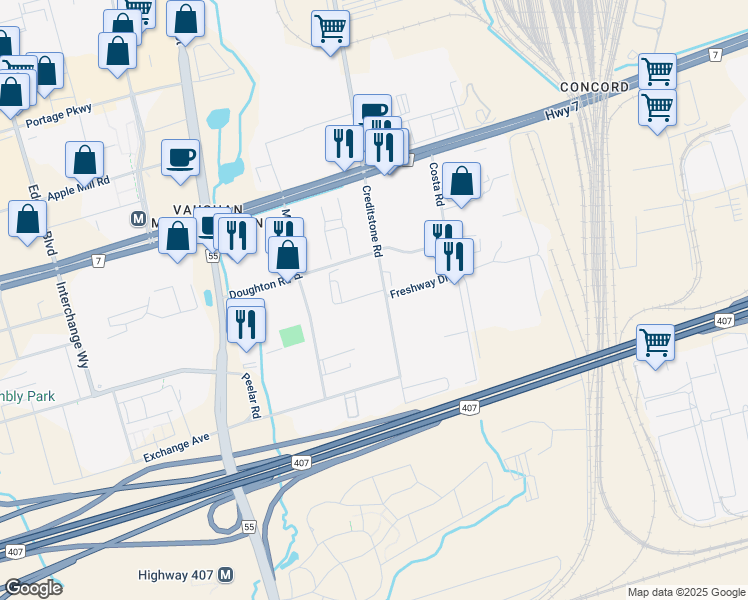 map of restaurants, bars, coffee shops, grocery stores, and more near 130 Creditstone Road in Vaughan