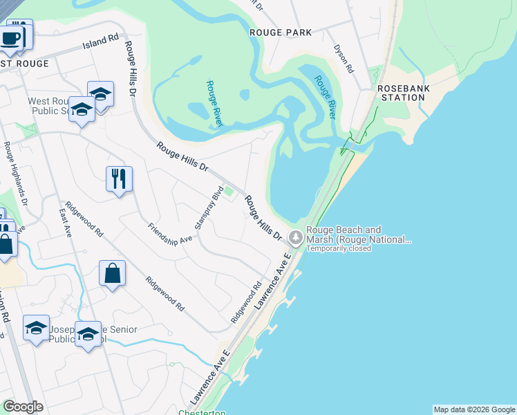 map of restaurants, bars, coffee shops, grocery stores, and more near 245 Rouge Hills Drive in Toronto
