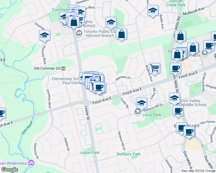 map of restaurants, bars, coffee shops, grocery stores, and more near 23 Rameau Drive in Toronto