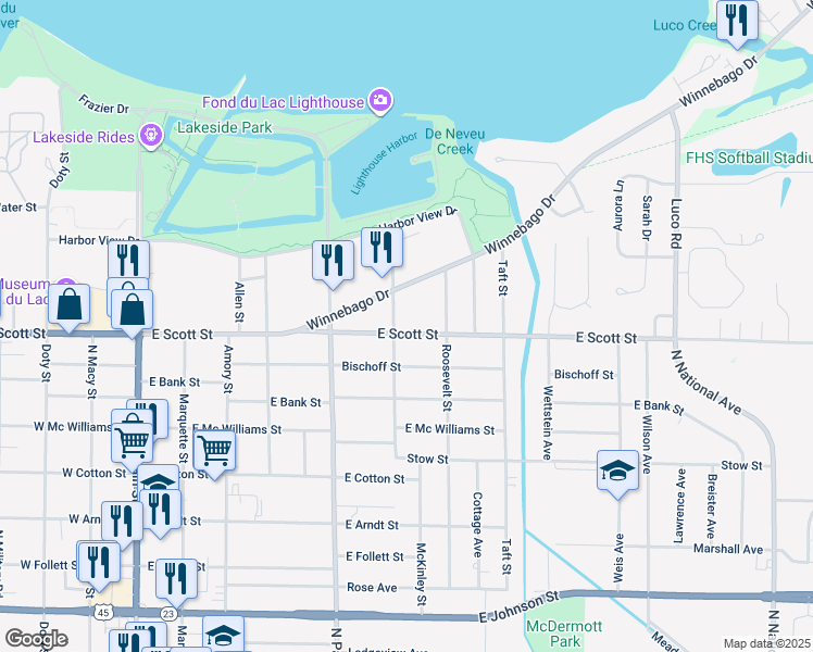 map of restaurants, bars, coffee shops, grocery stores, and more near 300 Winnebago Drive in Fond du Lac