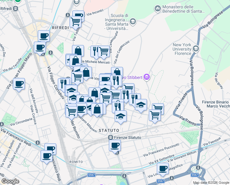 map of restaurants, bars, coffee shops, grocery stores, and more near 18 Via Alfredo Oriani in Firenze