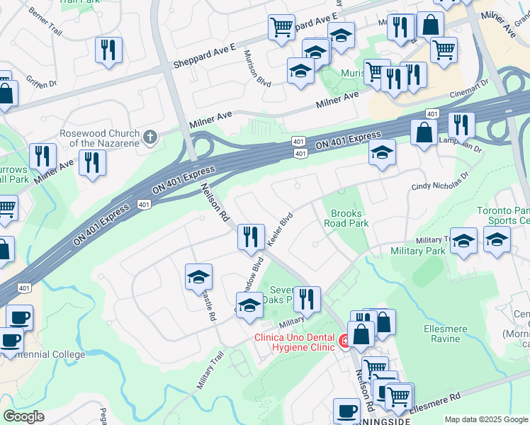 map of restaurants, bars, coffee shops, grocery stores, and more near 71 Sandrift Square in Toronto