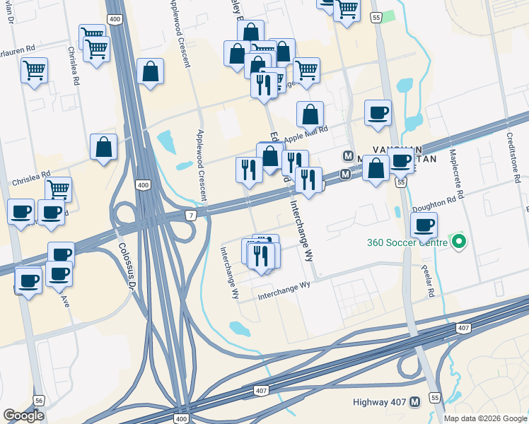 map of restaurants, bars, coffee shops, grocery stores, and more near 225 Commerce Street in Vaughan