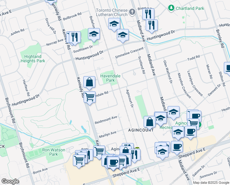 map of restaurants, bars, coffee shops, grocery stores, and more near in Toronto