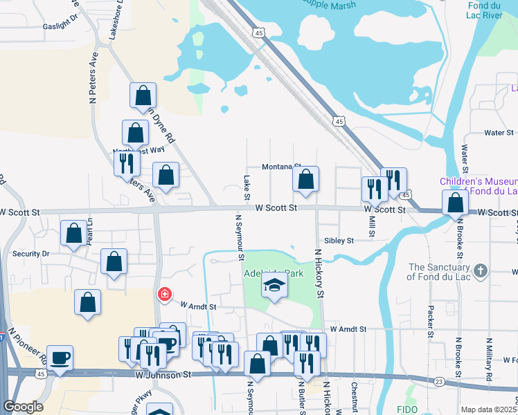 map of restaurants, bars, coffee shops, grocery stores, and more near 485 Lake Street in Fond du Lac