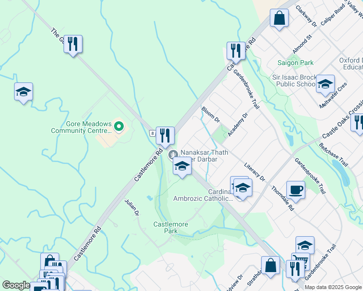 map of restaurants, bars, coffee shops, grocery stores, and more near 64 Sleightholme Crescent in Brampton