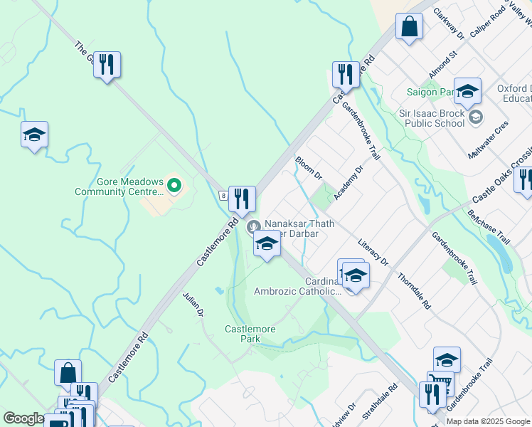 map of restaurants, bars, coffee shops, grocery stores, and more near 64 Sleightholme Crescent in Brampton