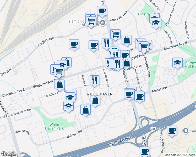 map of restaurants, bars, coffee shops, grocery stores, and more near in Toronto
